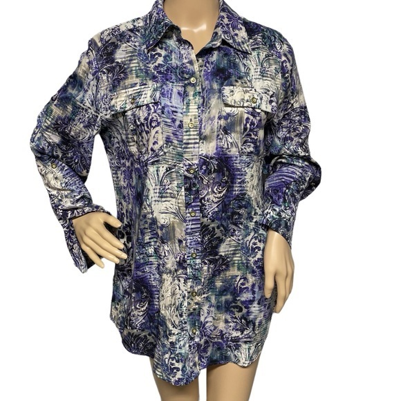 Chico's Tops - Chicos Purple 1 All Over Floral Print Tab Sleeve Button Up Shirt w/ Pockets EUC